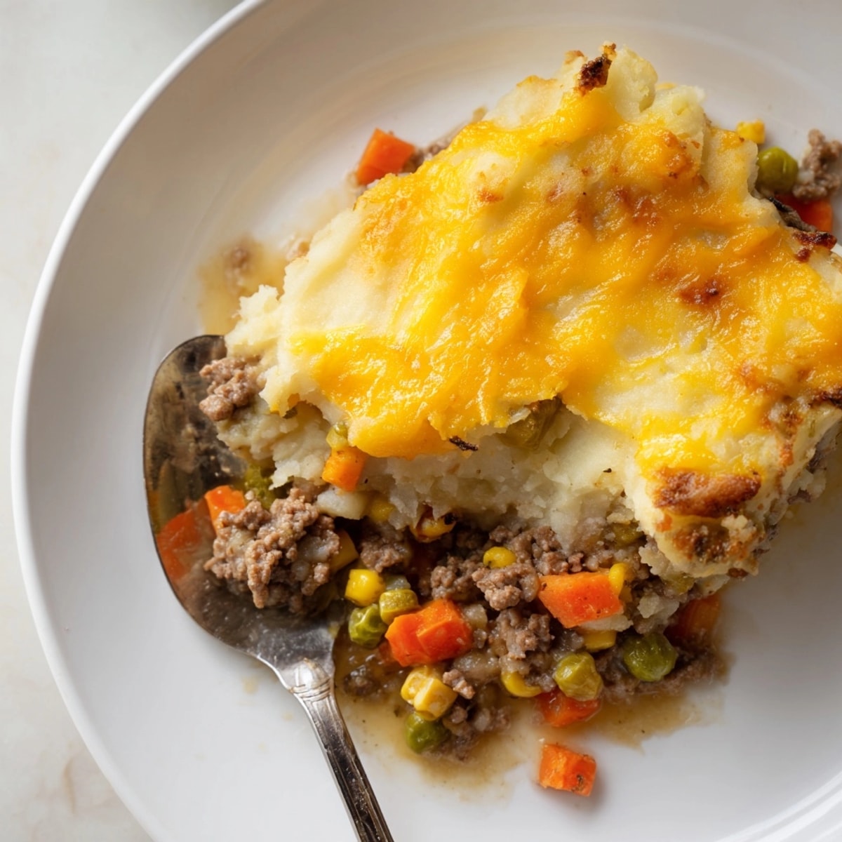 Golden, bubbly warm rustic shepherds pie with cheesy potato topping, ready to serve.