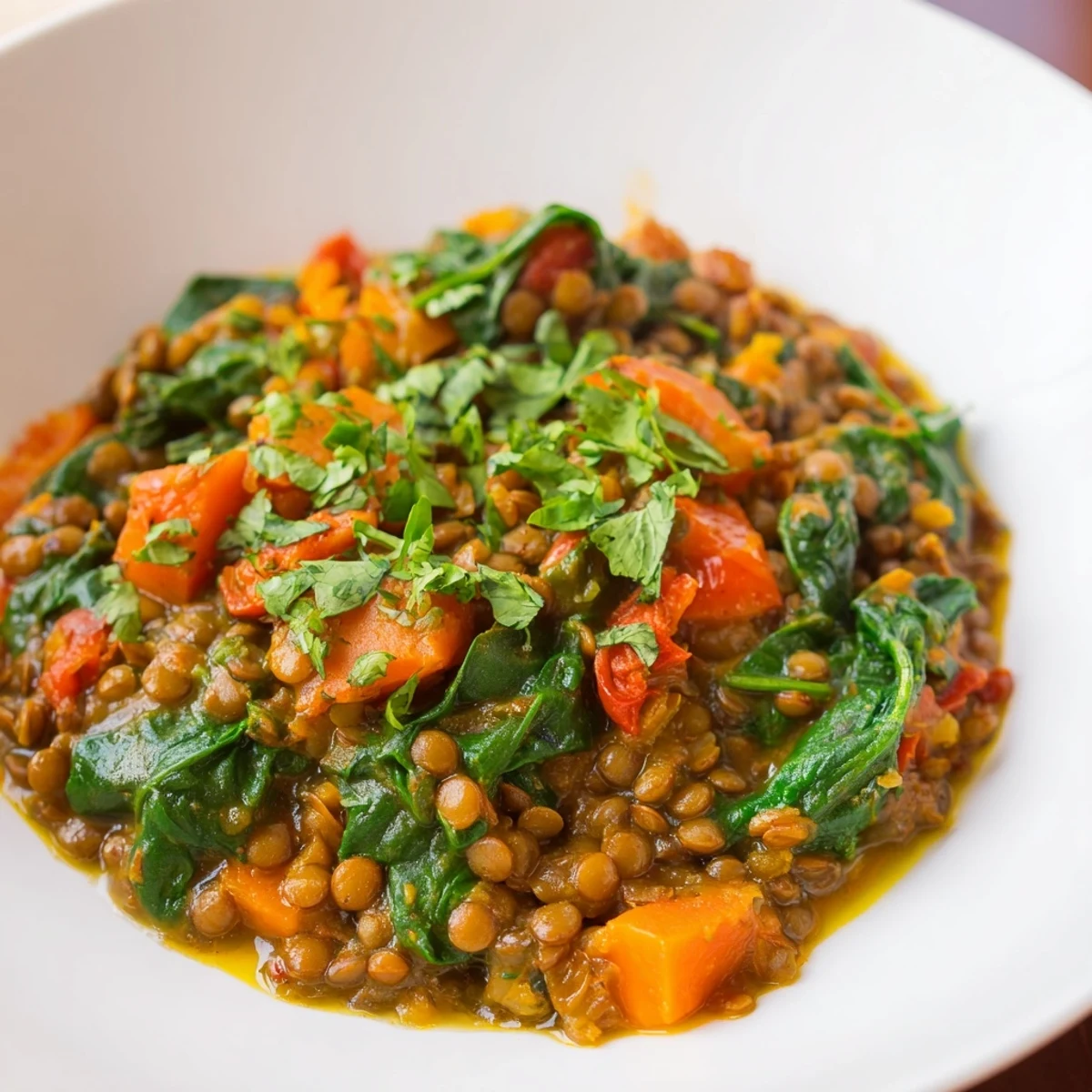 Steaming bowl of Lentil and Spinach Curry, a vibrant vegan meal with cilantro garnish pictured.