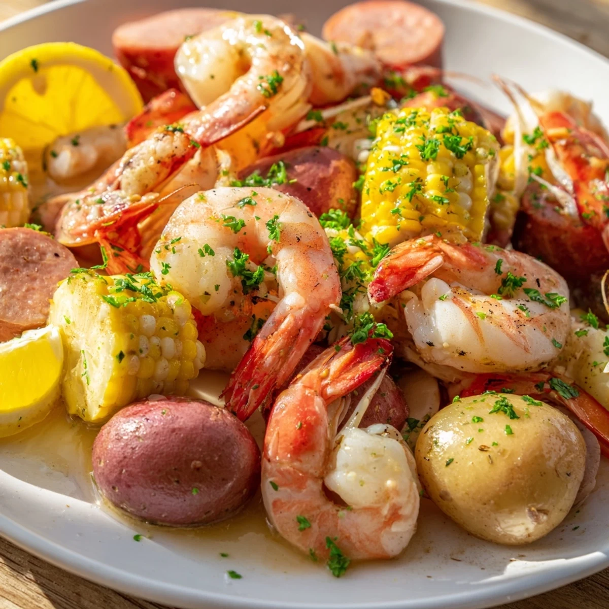 Steaming shrimp boil, showcasing generous portions of shrimp, sausage, and corn ready to serve.