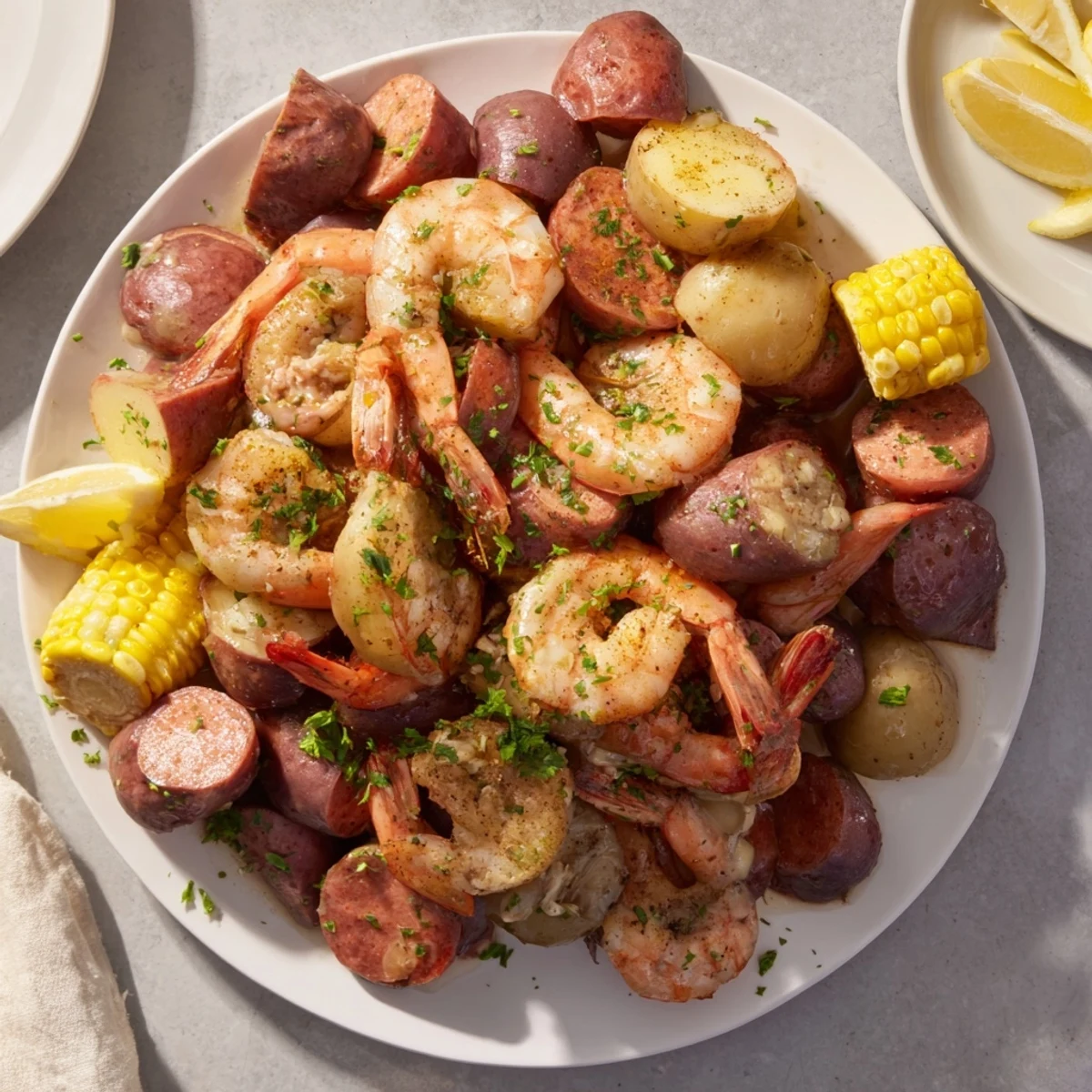 This one-pot shrimp boil offers a delightful medley of seafood, vegetables, and savory spices.