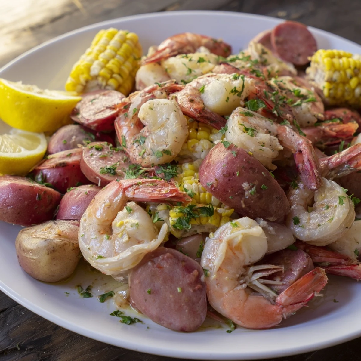 A close-up of a flavorful seaside-inspired shrimp boil, full of vibrant colors and textures.