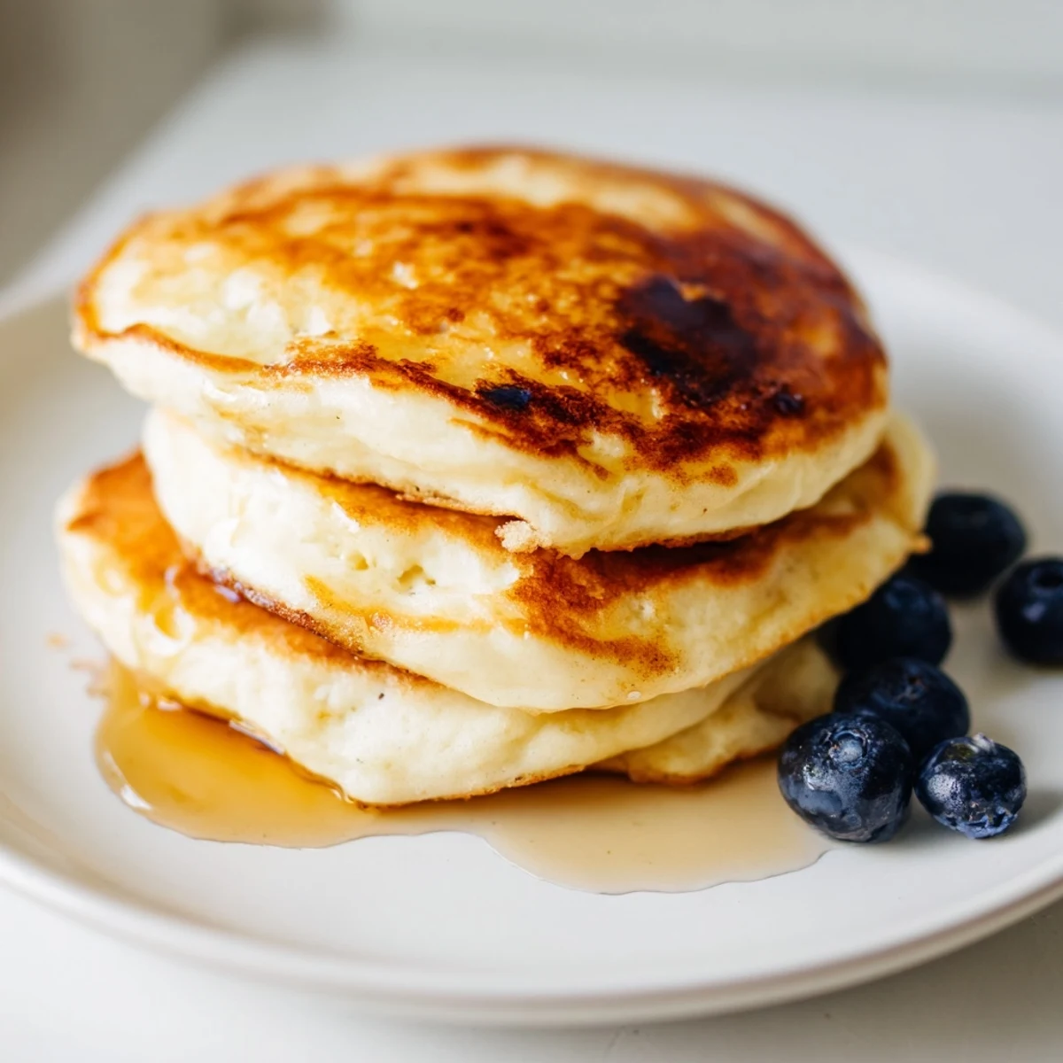 Golden-brown, fluffy ricotta pancakes stacked high, drizzled with maple syrup for a perfect brunch.