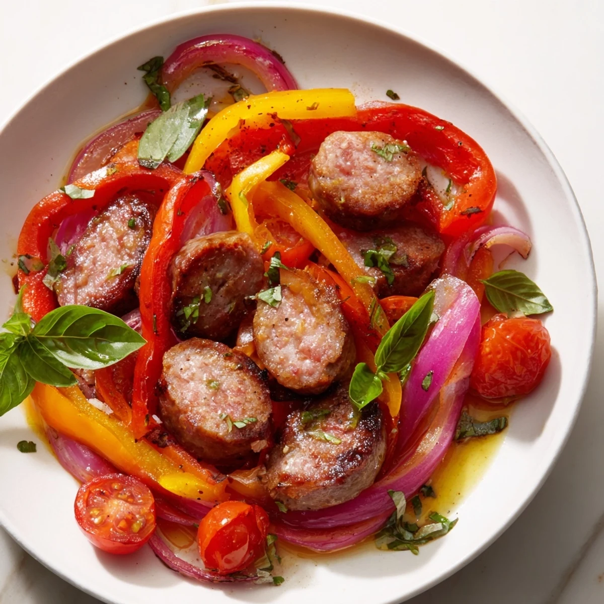 Sizzling Basil-Boosted Sausage and Pepper Skillet Supper, with colorful peppers and browned sausage ready to serve.