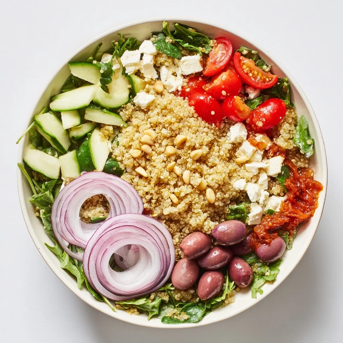 Fresh, vibrant Mediterranean grain bowl, ready to eat, with Kalamata olives and a flavorful lemon dressing.