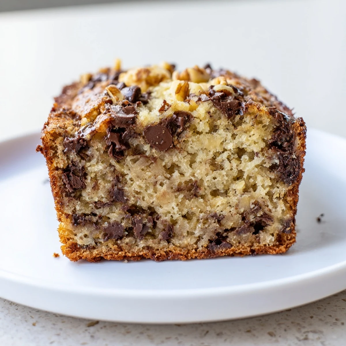 Warm slice of Chocolate Chip Banana Bread with visible melting chocolate, ready to enjoy.