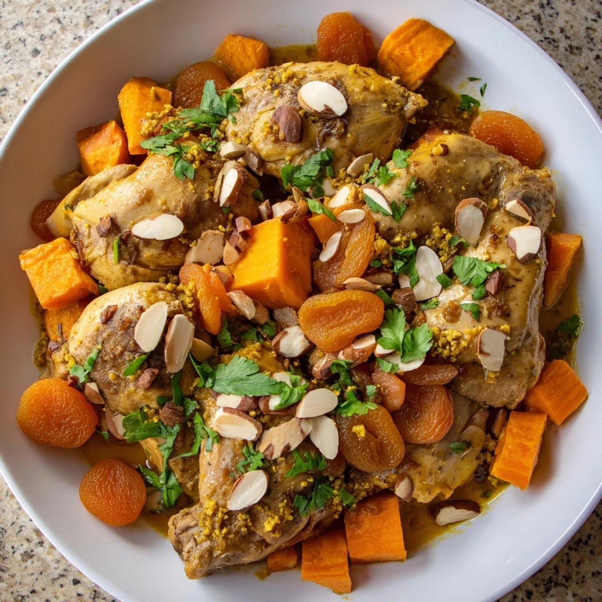 Aromatic slow-cooked Soft Spice Chicken and Sweet Potato Tagine, served in a warm bowl with fresh herbs.