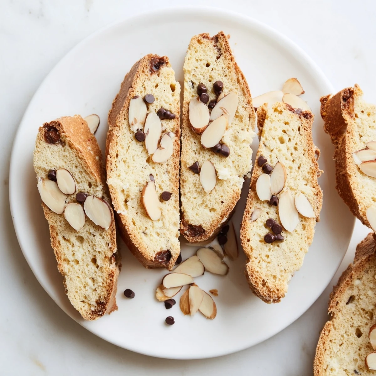Fluffy soft sweet almond biscotti, showing the delightful texture and toasted almond pieces.