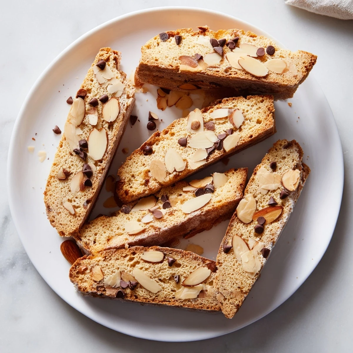 A plate of freshly baked, fragrant soft sweet almond biscotti, ideal for a morning coffee break.