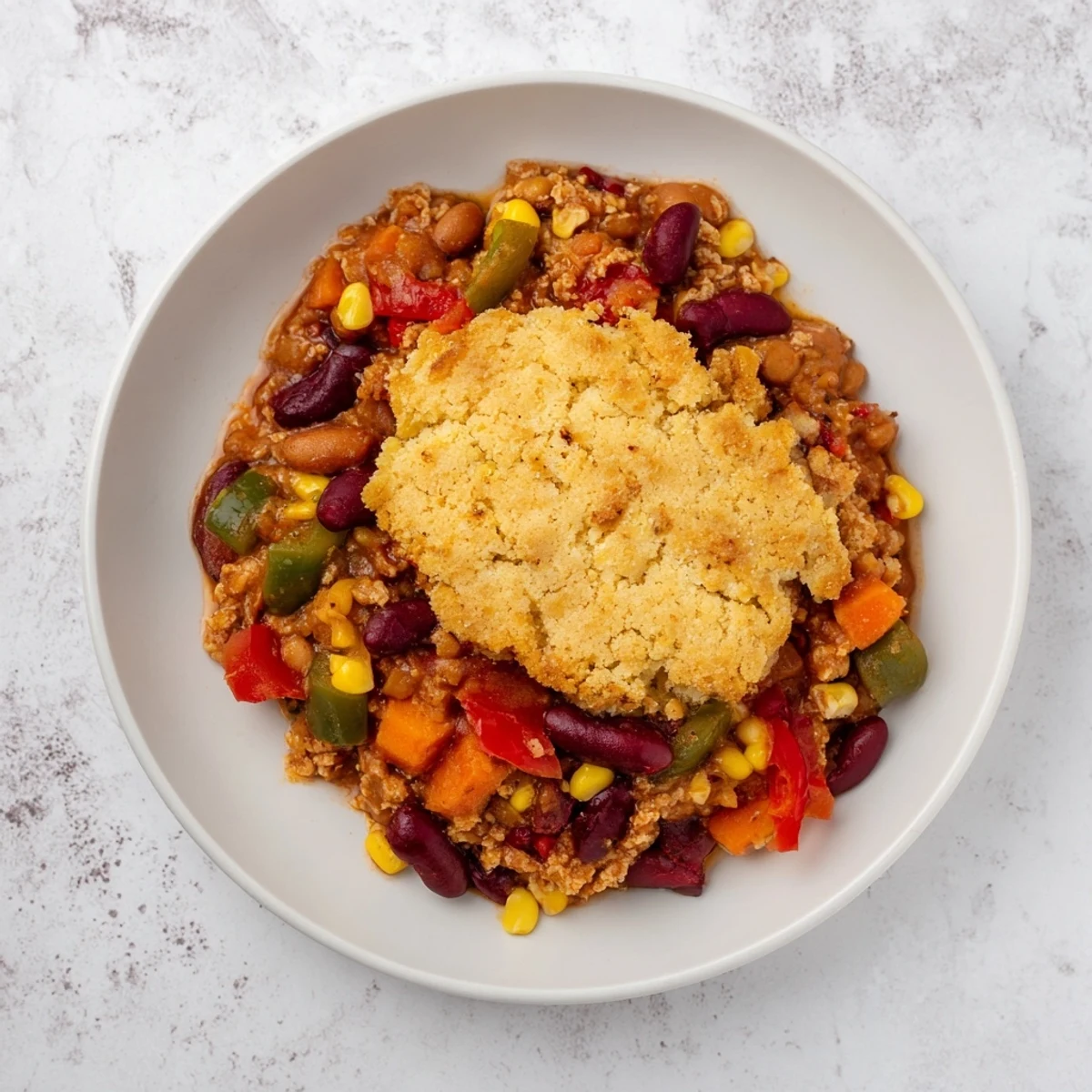 Golden cornbread topping a steaming bowl of rustic wheat and warm chili, perfect for dinner.