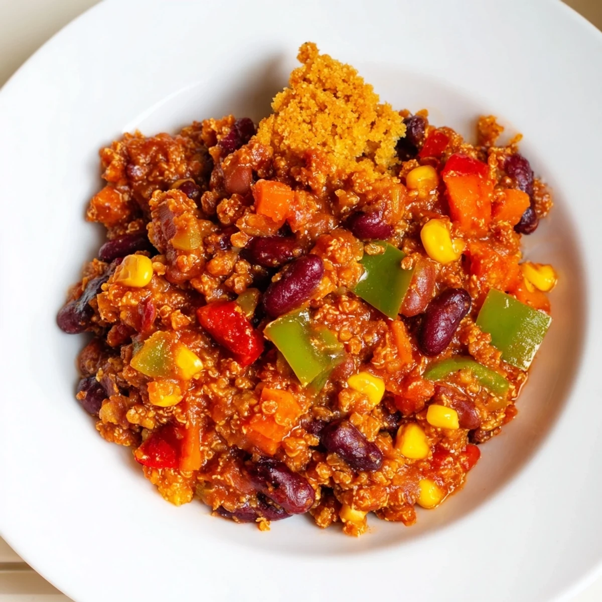 This comforting bowl of rustic wheat chili offers a satisfying blend of flavors and textures.
