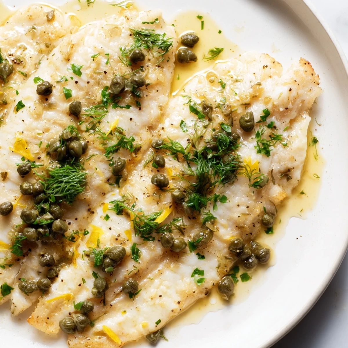 Flaky Simple Fork-Friendly Lemon-Herb Tilapia served, garnished with fresh herbs, ready for a delicious dinner.