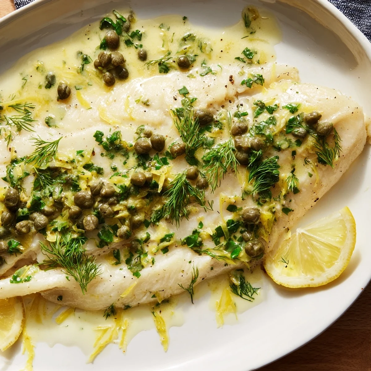 Close-up of Simple Fork-Friendly Lemon-Herb Tilapia; juicy, flavorful fish with lemon zest and capers visible.