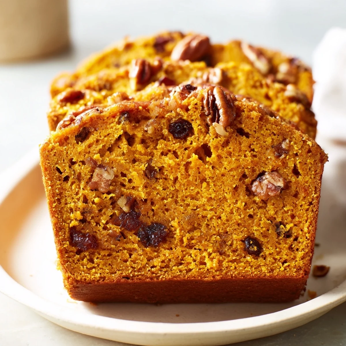 A slice of Weekend Cabin-Style Sweet Potato and Pecan Loaf, moist and loaded with pecans, ready to eat.