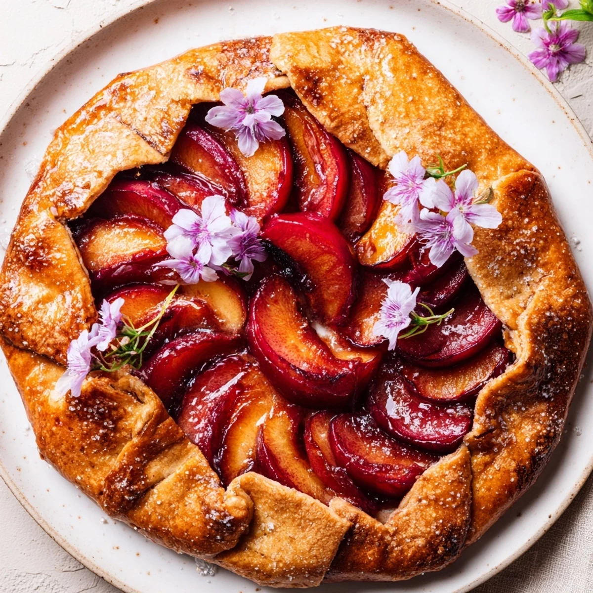 A golden-crusted Honey and Plum Galette with bubbling plums, perfect for dessert enjoyment.