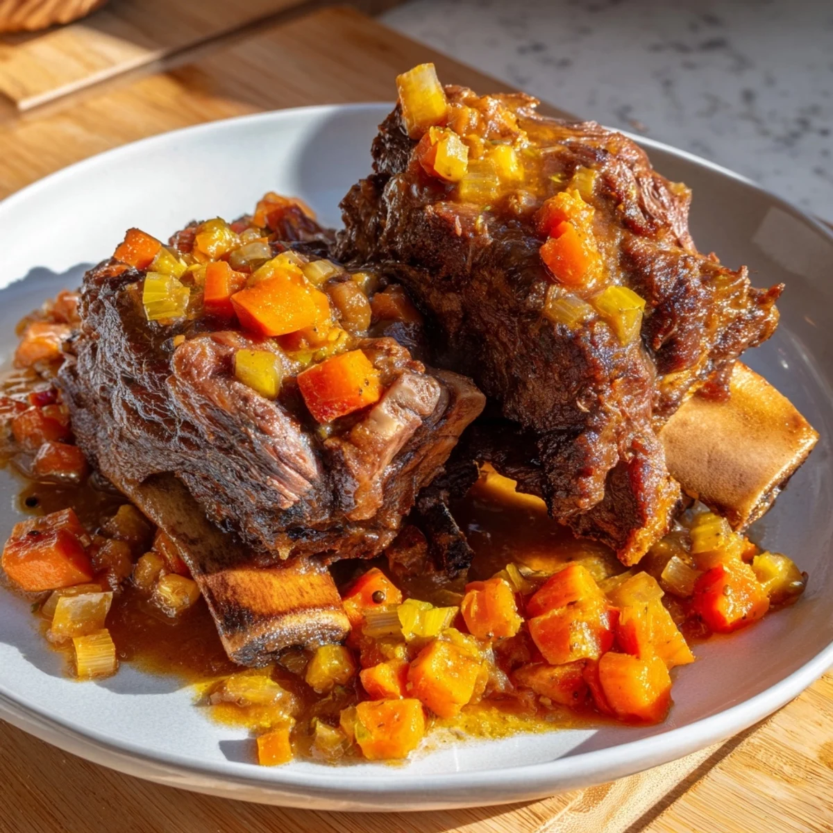 One-Pot Amber-Glowed Beer-Braised Short Ribs, tender and succulent, served with rich, flavorful sauce and vegetables.