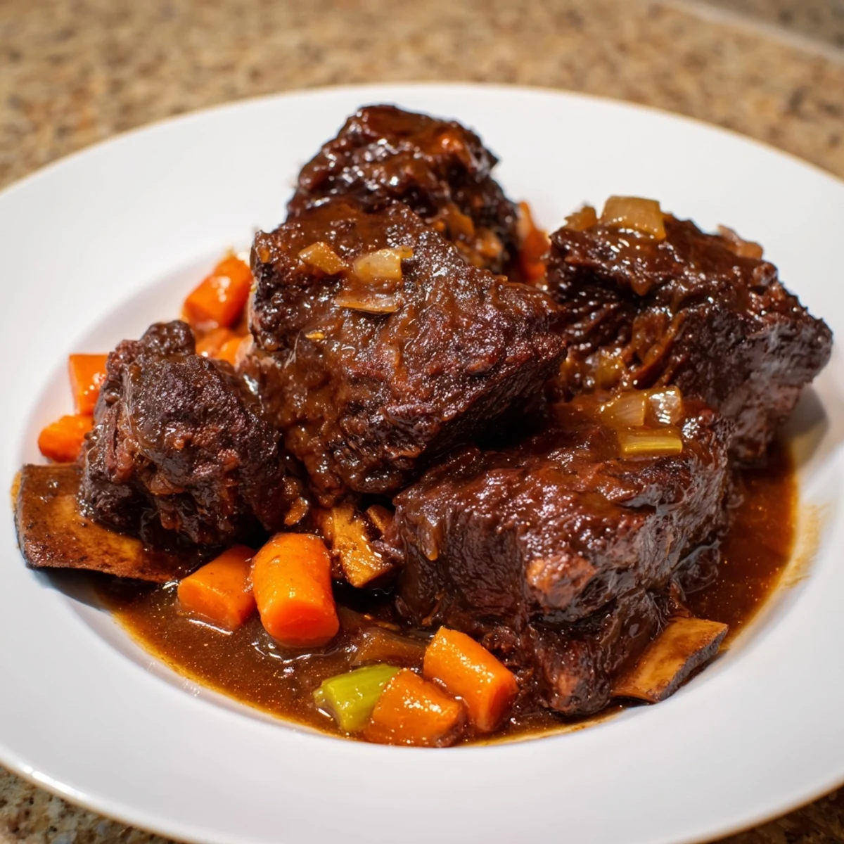 Savory One-Pot Amber-Glowed Beer-Braised Short Ribs, offering a comforting, aromatic meal for a cold night.