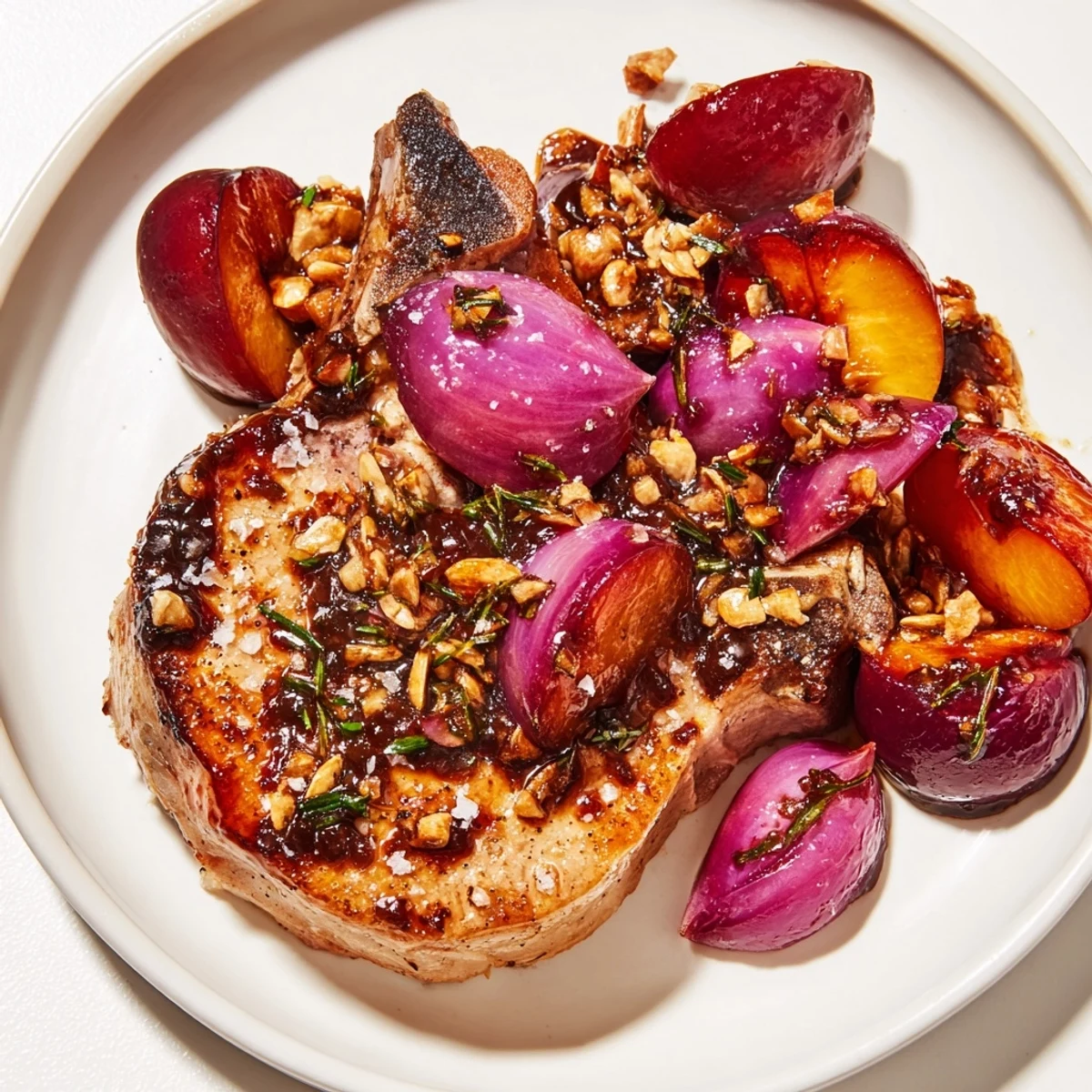 Warm, flavorful plum-soft pork chops served, swimming in a rich balsamic glaze and plump plums.
