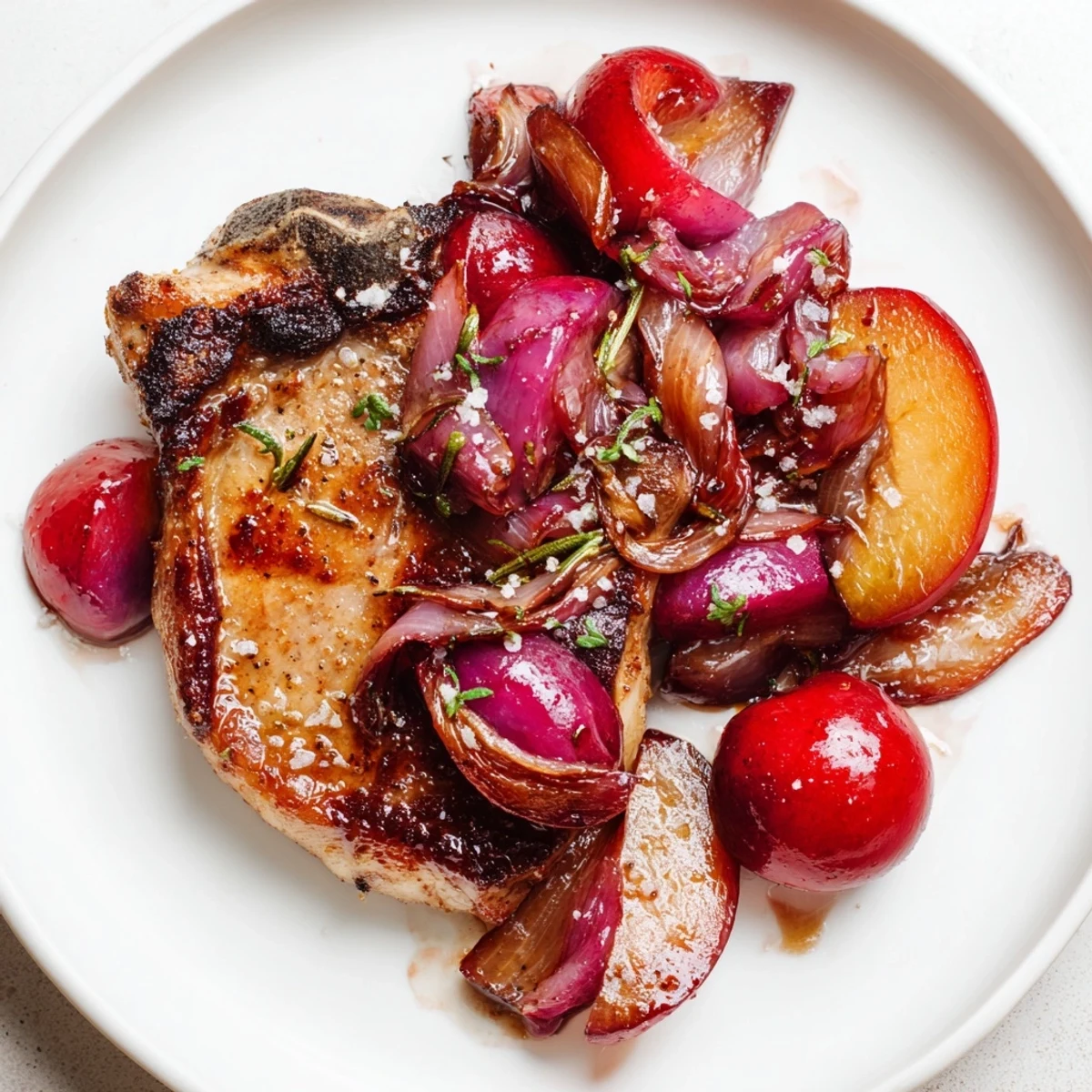 Beautifully seared, bone-in plum-soft pork chops nestled with plums and glazed with balsamic richness.