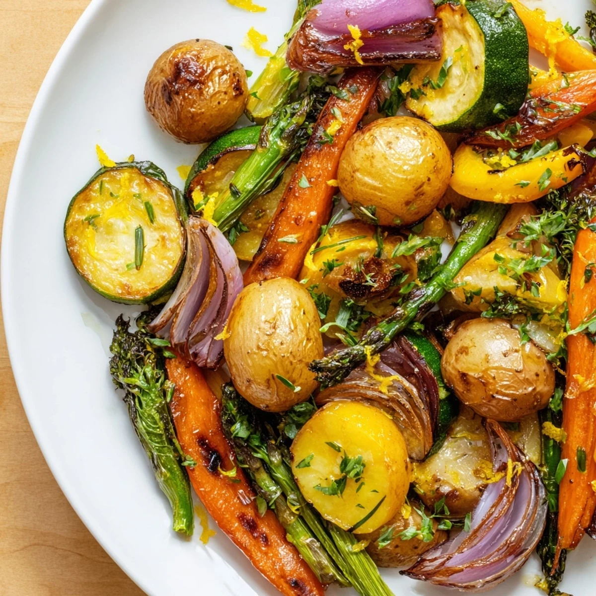 Vibrant Light Herb & Fern-Inspired Vegetable Platter, showcasing colorful roasted veggies and a bright, lemony flavor.