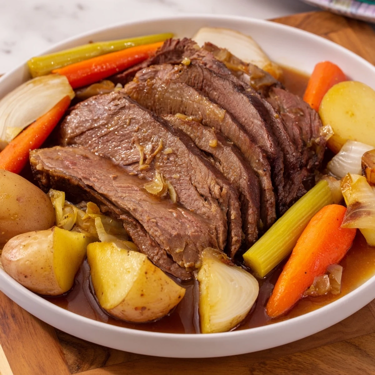 Fork-tender Everyday Family Favorite Pot Roast, served with potatoes, carrots, and a delicious, flavorful sauce.
