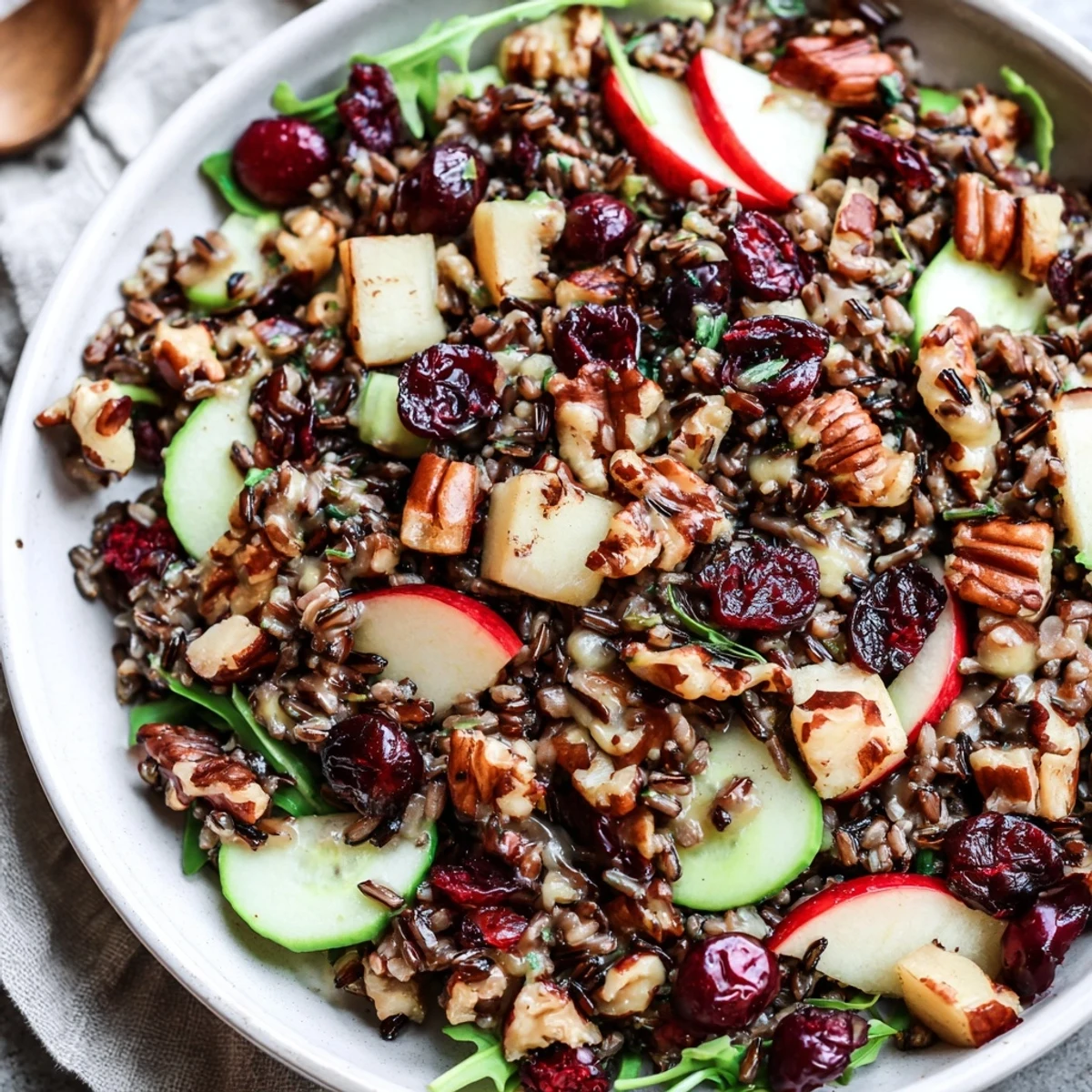 Vibrant Light Forest-Inspired Wild Rice and Cranberry Salad, ready to eat, with glistening cranberries and toasted nuts.
