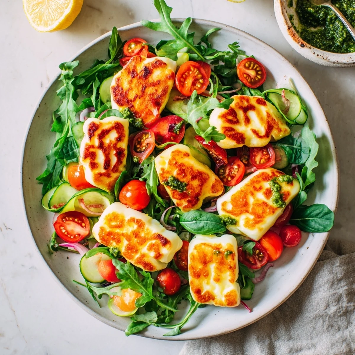 Fresh basil pesto coats grilled halloumi, complementing colorful tomatoes in this light Mediterranean halloumi recipe.