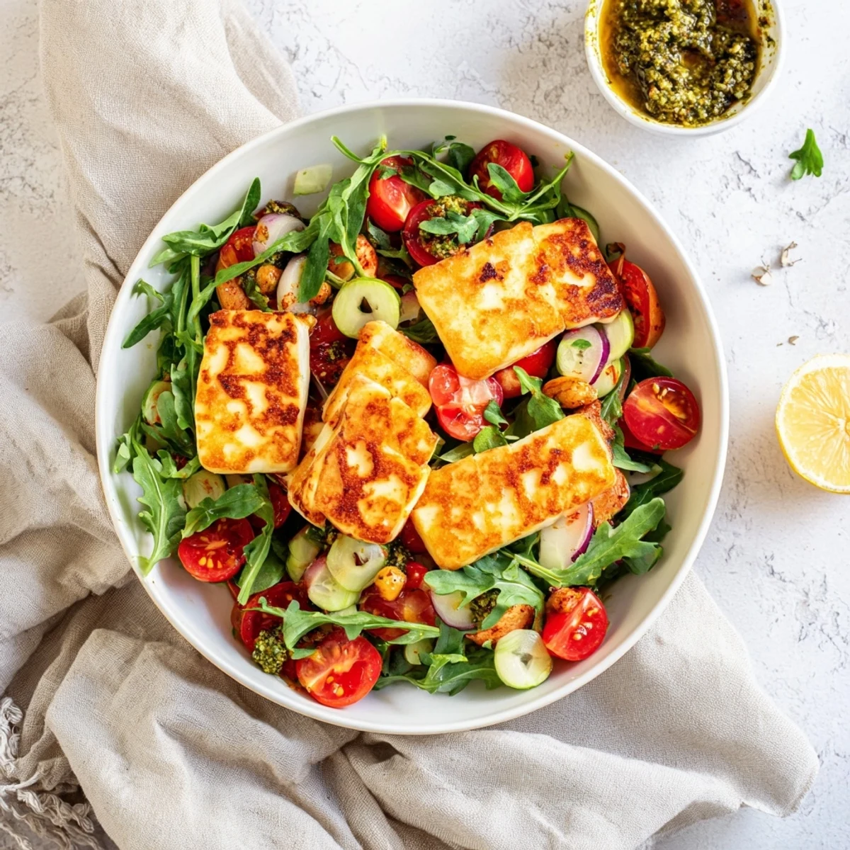 Golden-brown grilled halloumi cheese sits atop fresh pesto-drizzled vegetables, a vibrant and flavorful plate.