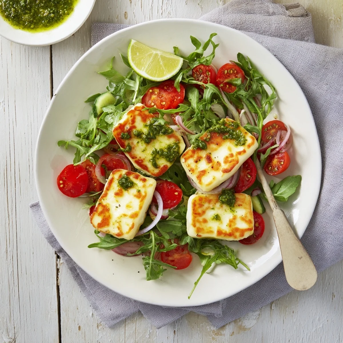 A close-up of the grilled halloumi and pesto plate, a vegetarian delight with fresh, garden-inspired flavors.