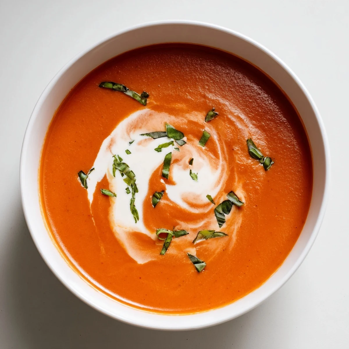 A creamy, vibrant bowl of tomato and basil soup, garnished with fresh basil leaves.