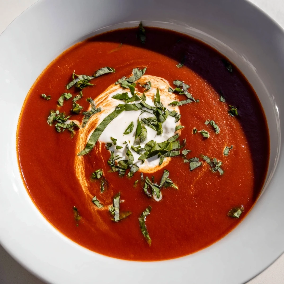 This homemade whisked, weeknight creamy tomato and basil soup is served hot, ready to enjoy.