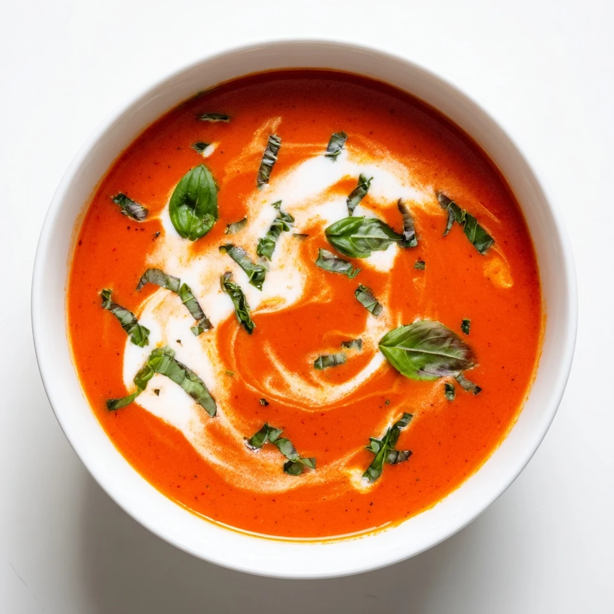 Close-up of the smooth, rich texture: Whisked weeknight creamy tomato and basil soup in a bowl.