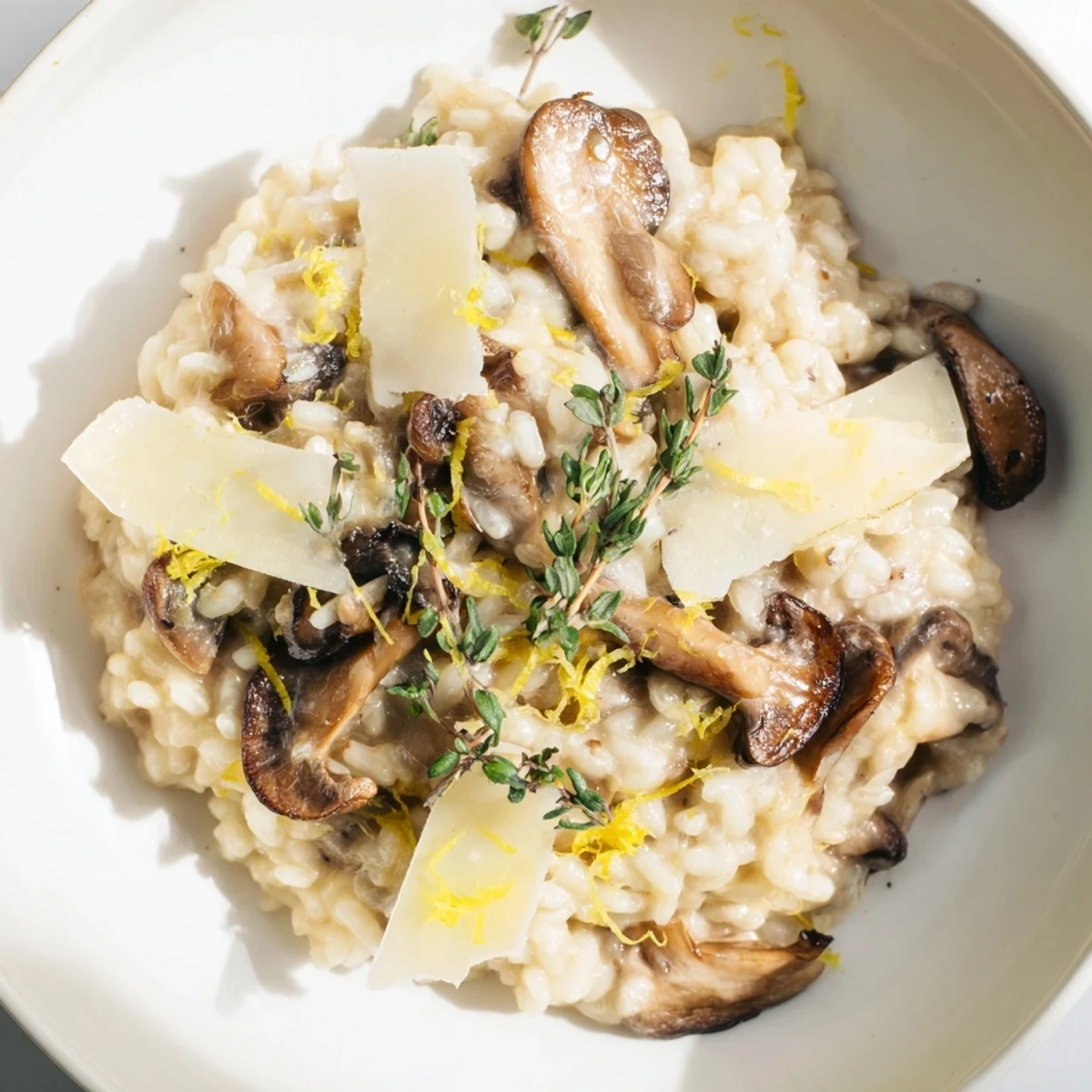 Enjoy the rustic, inviting aesthetic of a bowl filled with delightful Cedar-Warm Mushroom and Thyme Risotto for dinner.