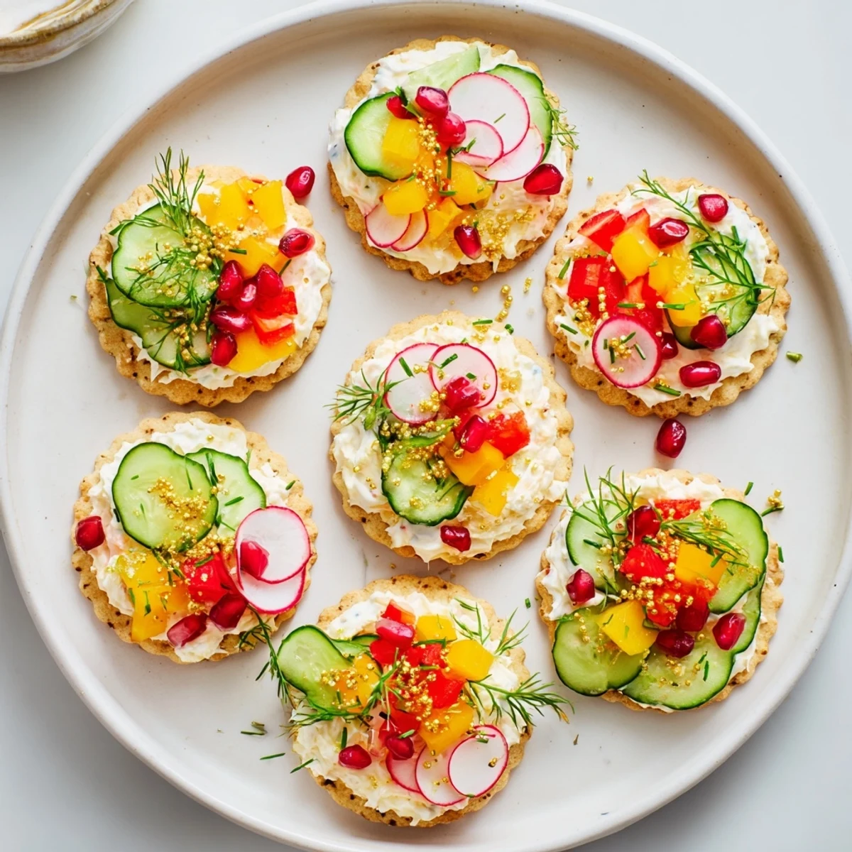 Ornament-shaped cracker toppings arranged colorfully on a platter, showcasing fresh vegetables and creamy spreads.