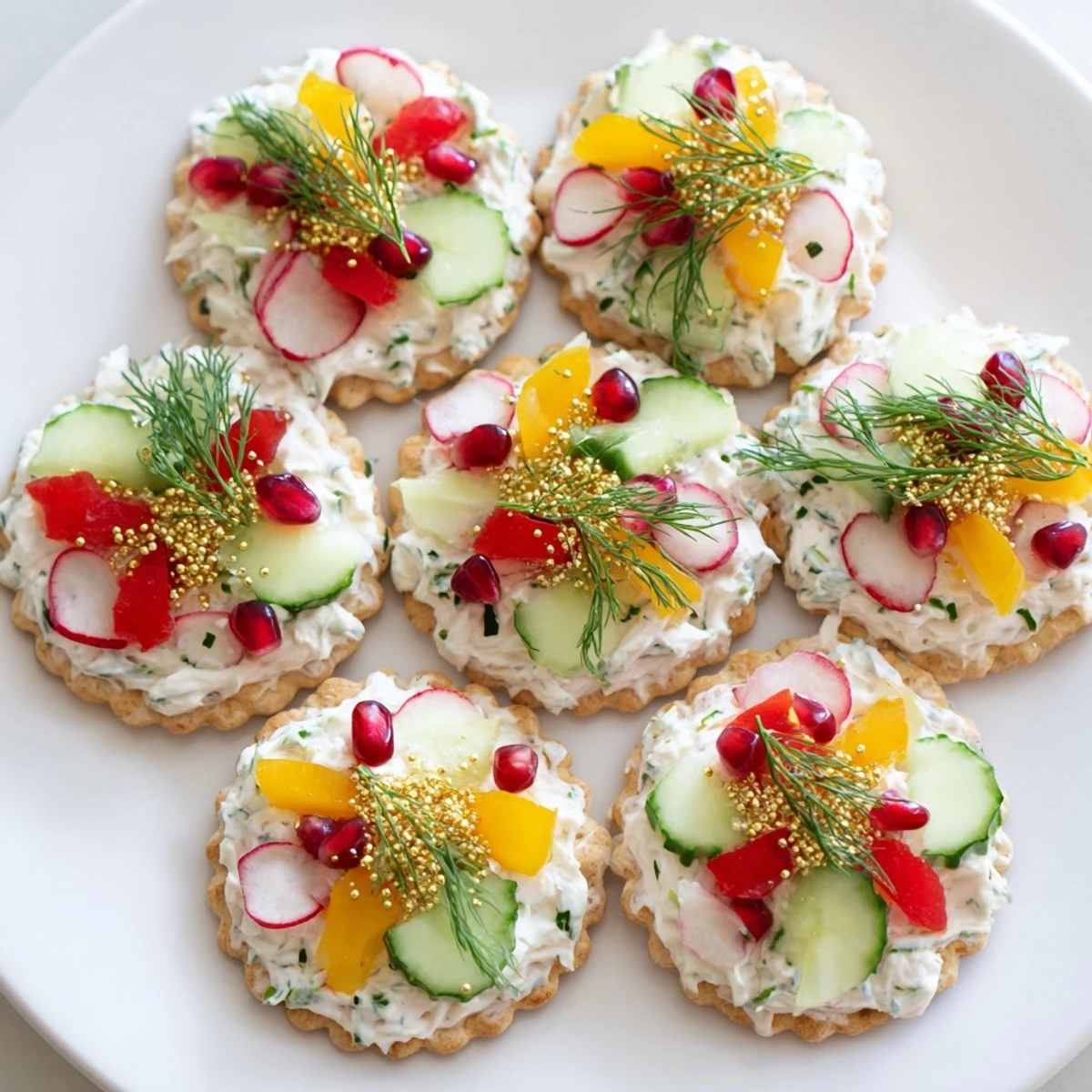 Festive Ornament Shaped Cracker Toppings, vibrant and ready to eat, perfect as appetizers at any holiday party.