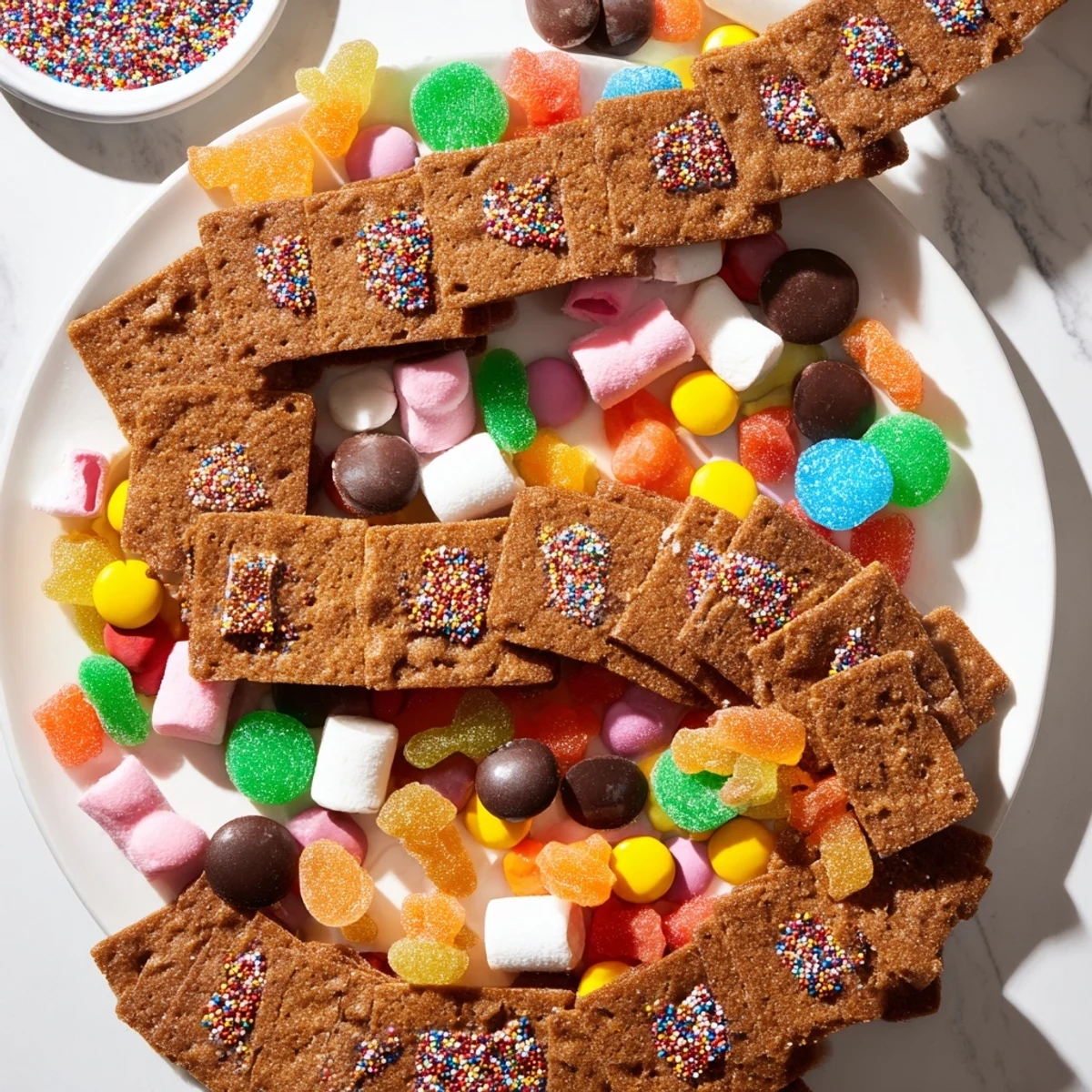 A colorful Candy Land gingerbread path dessert board brimming with candies and treats for a crowd.