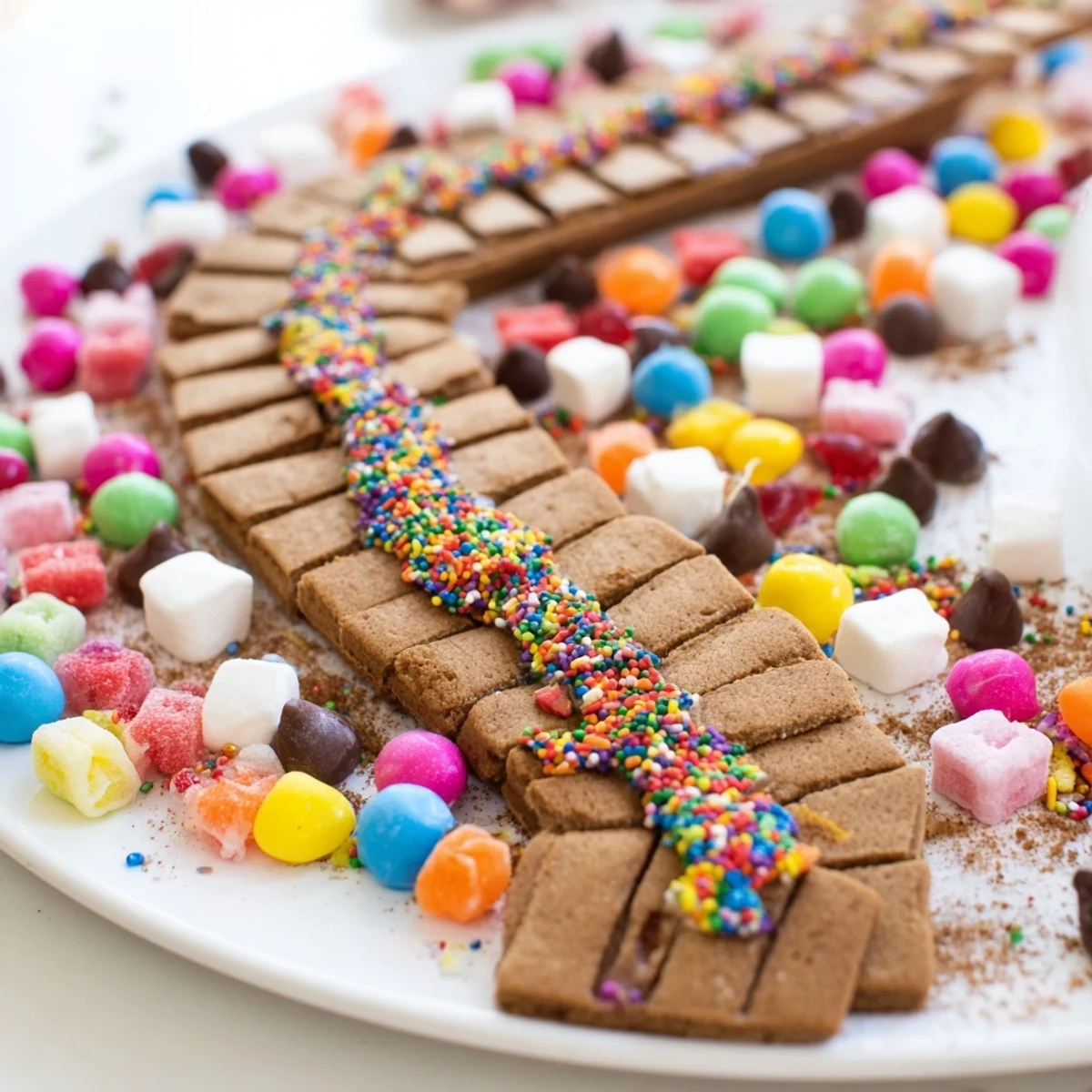 This whimsical Candy Land gingerbread path shows a festive dessert spread perfect for holiday gatherings.