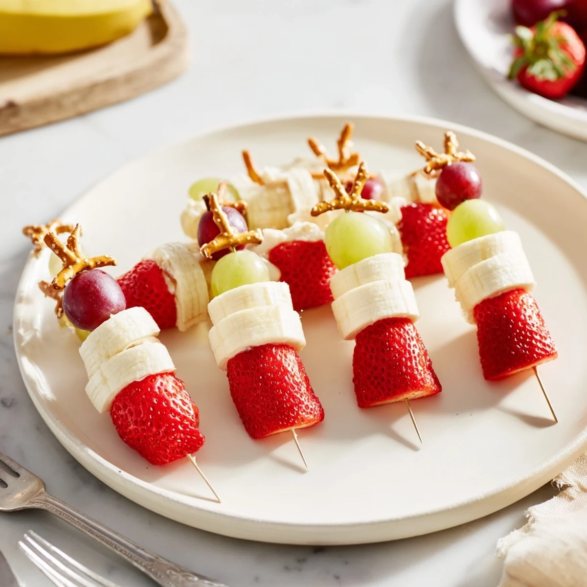 Vibrant Elf Hat Strawberry Skewers: a fun, festive snack featuring colorful fruit ready to eat.