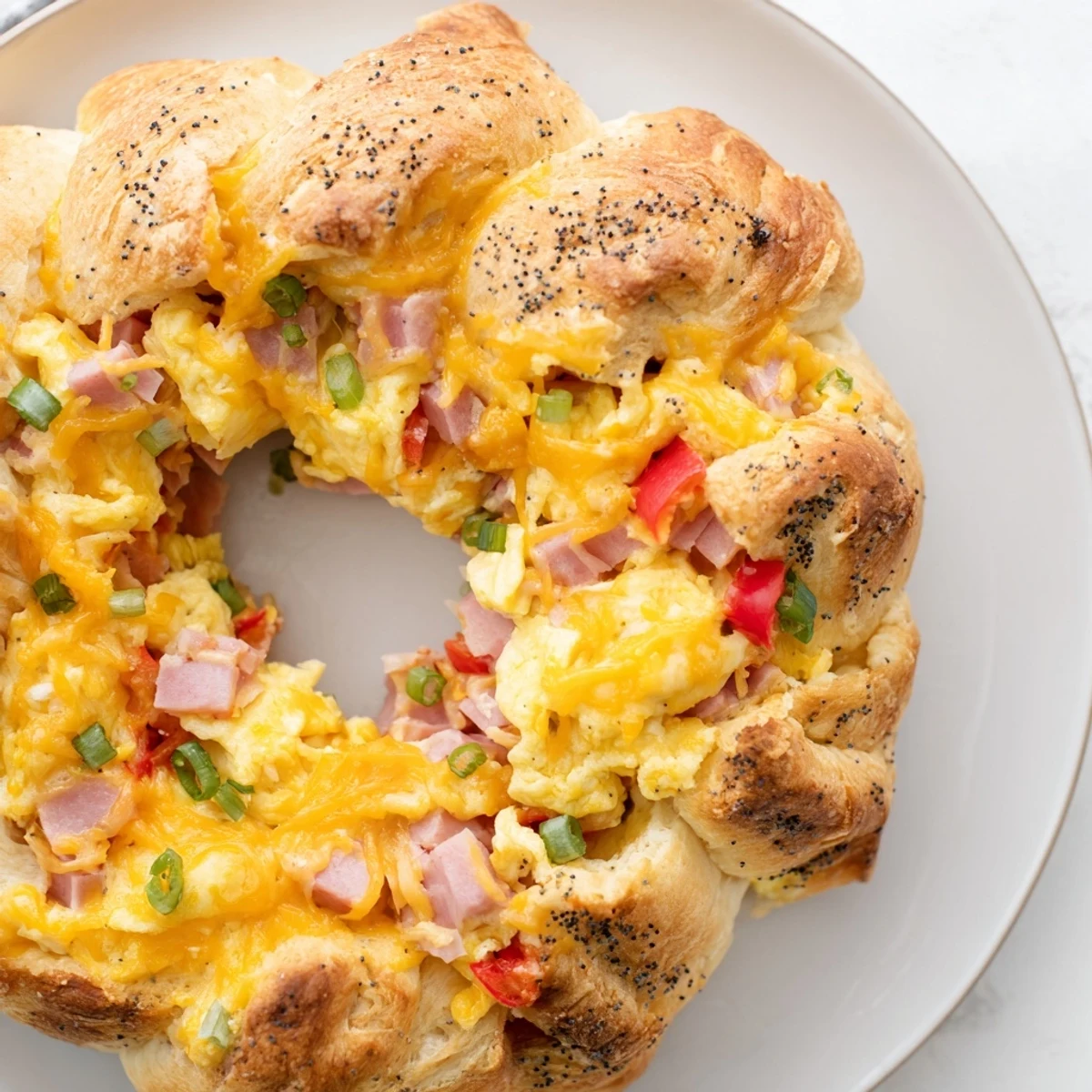 Golden-brown wreath-shaped egg and ham bake, speckled with seeds, ready to serve with fresh flavors.