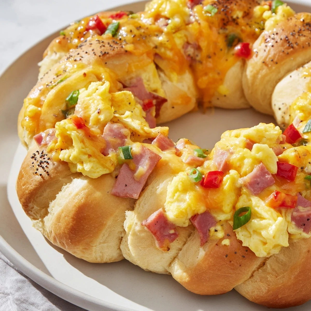 A warm, savory egg and ham bake, filled with cheese, and baked to a perfect golden crust.