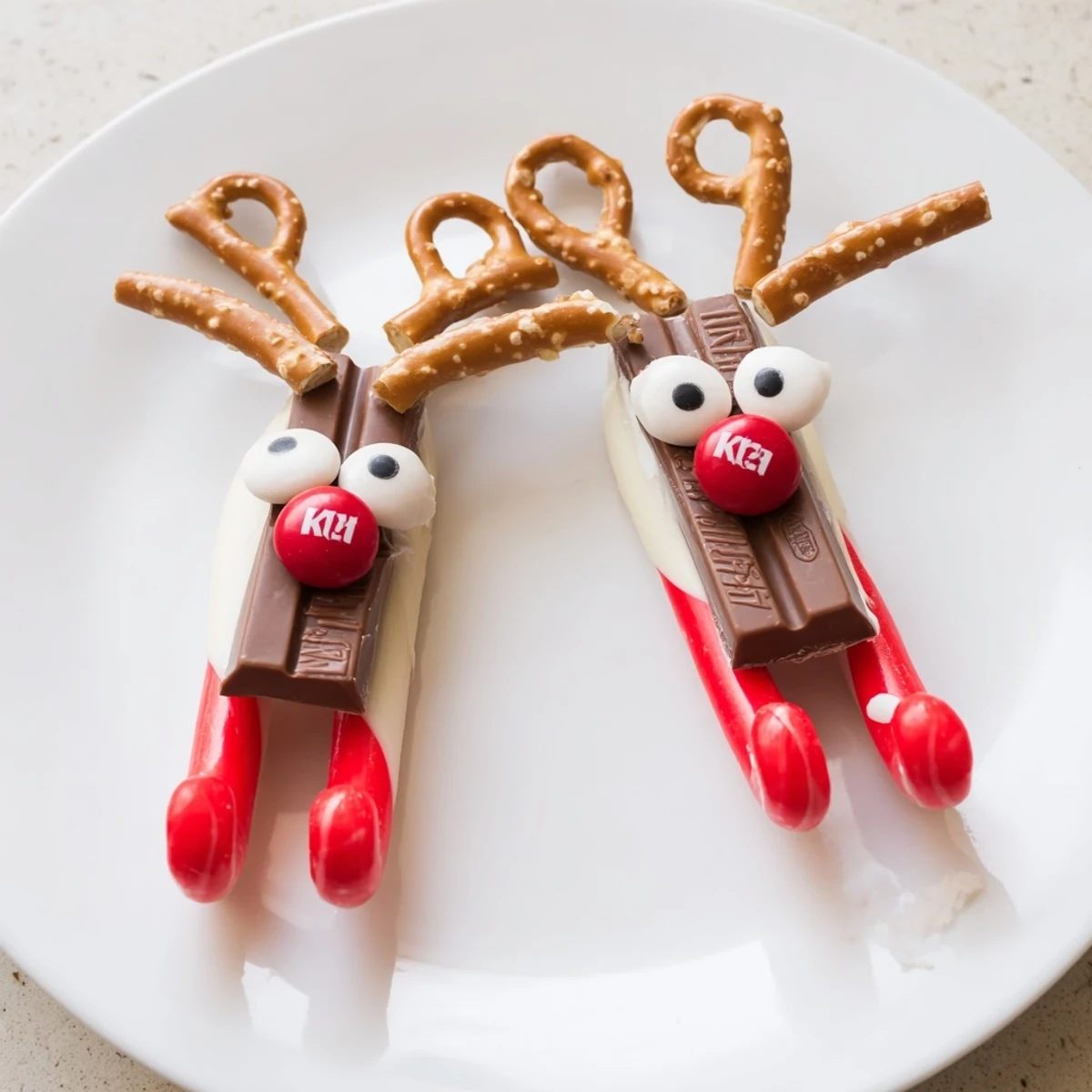 Bright red noses and pretzel antlers adorn each adorable Rudolph Candy Cane Sled for the holidays.