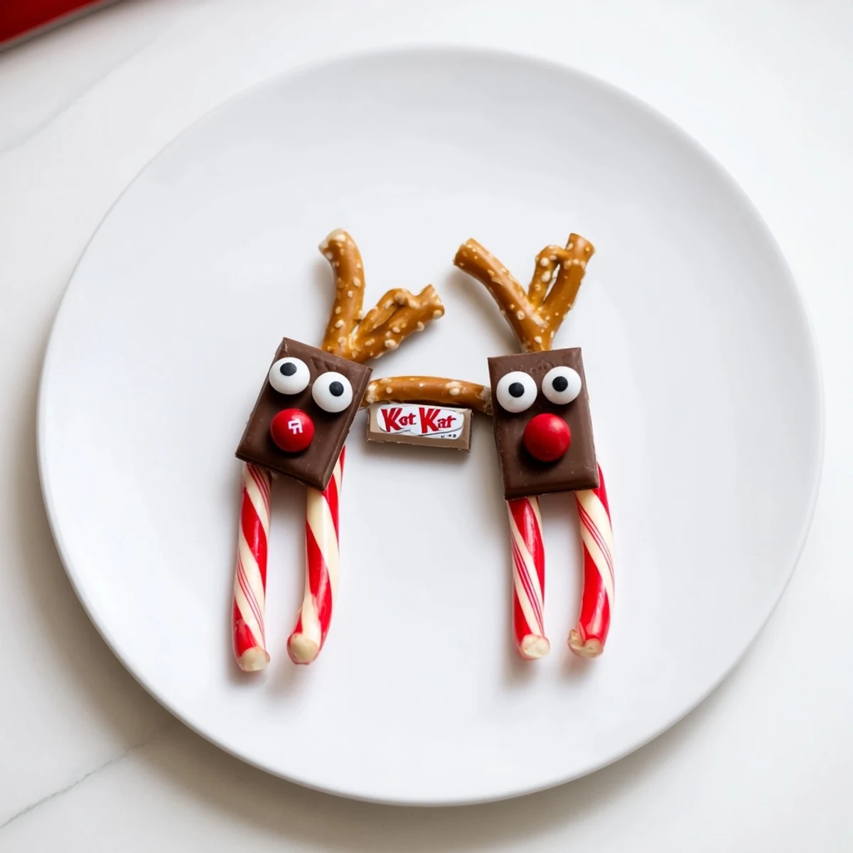 Melted white chocolate holds together these whimsical Rudolph Candy Cane Sleds, a festive treat.