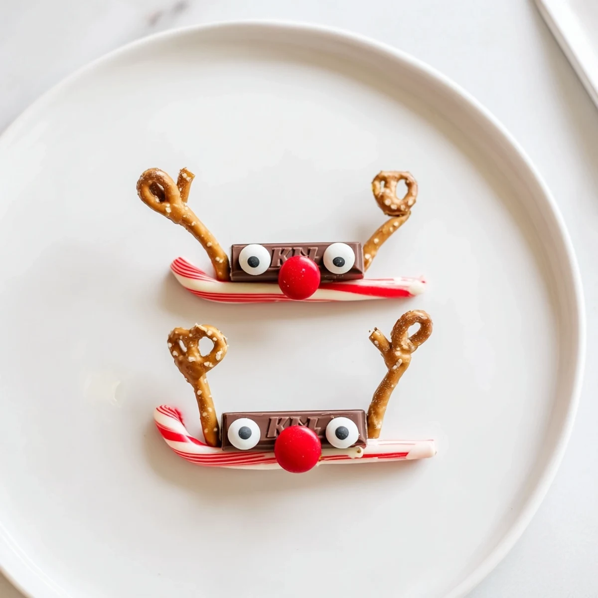 A tray of charming Rudolph Candy Cane Sleds awaits, ready to delight with their sweet, layered goodness.
