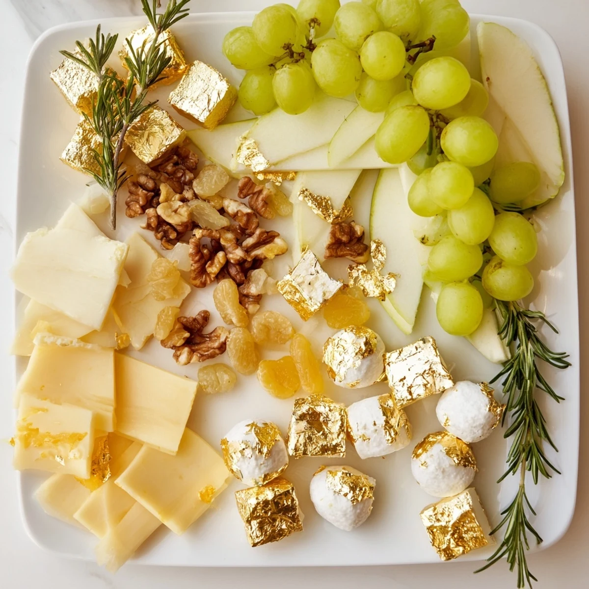Perfectly arranged gold and silver cheese cube board with grapes, nuts, and crackers for easy serving.