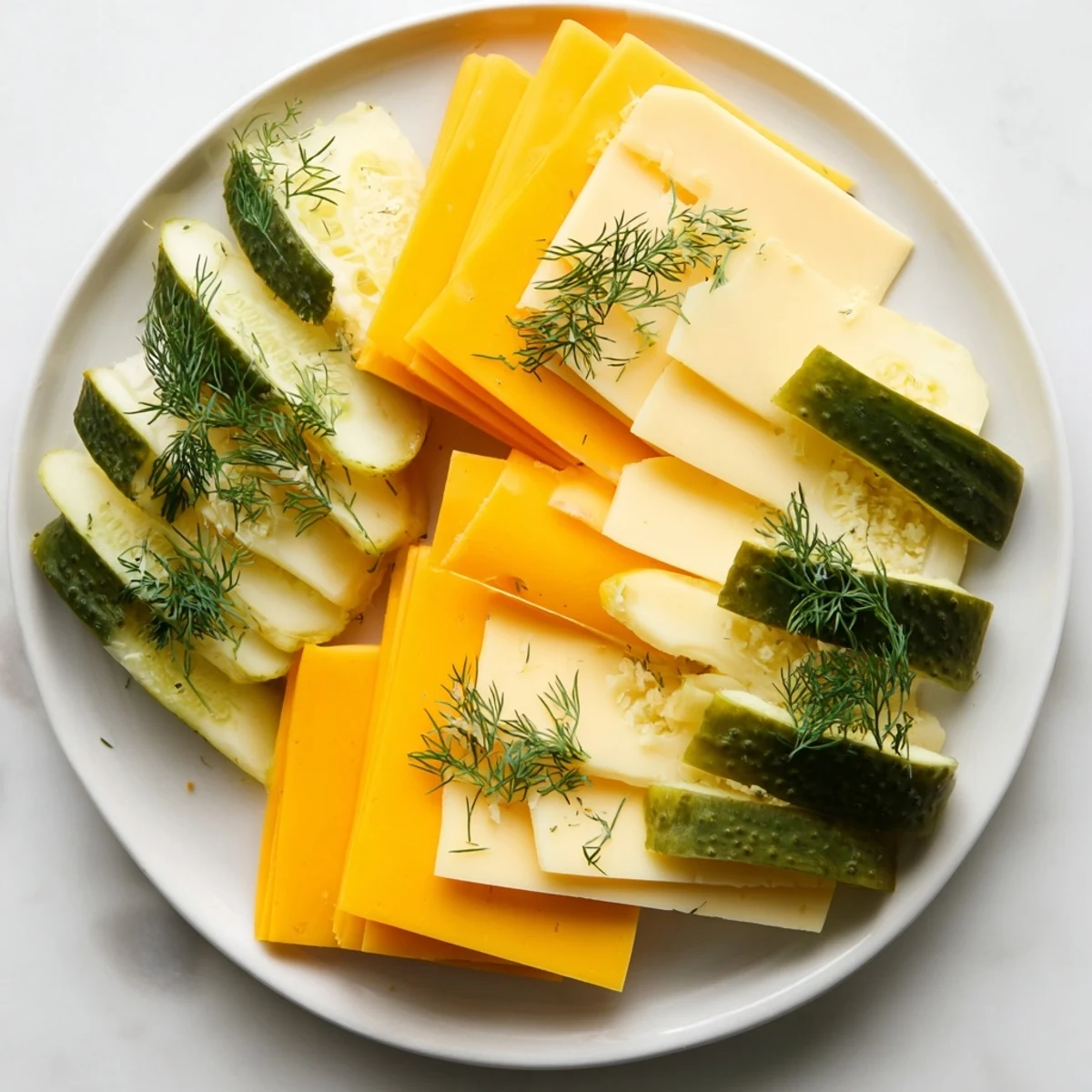 Dill Pickles and Sliced Cheese appetizer, a refreshing combo of pickles, cheddar, Swiss, and gouda cheeses.