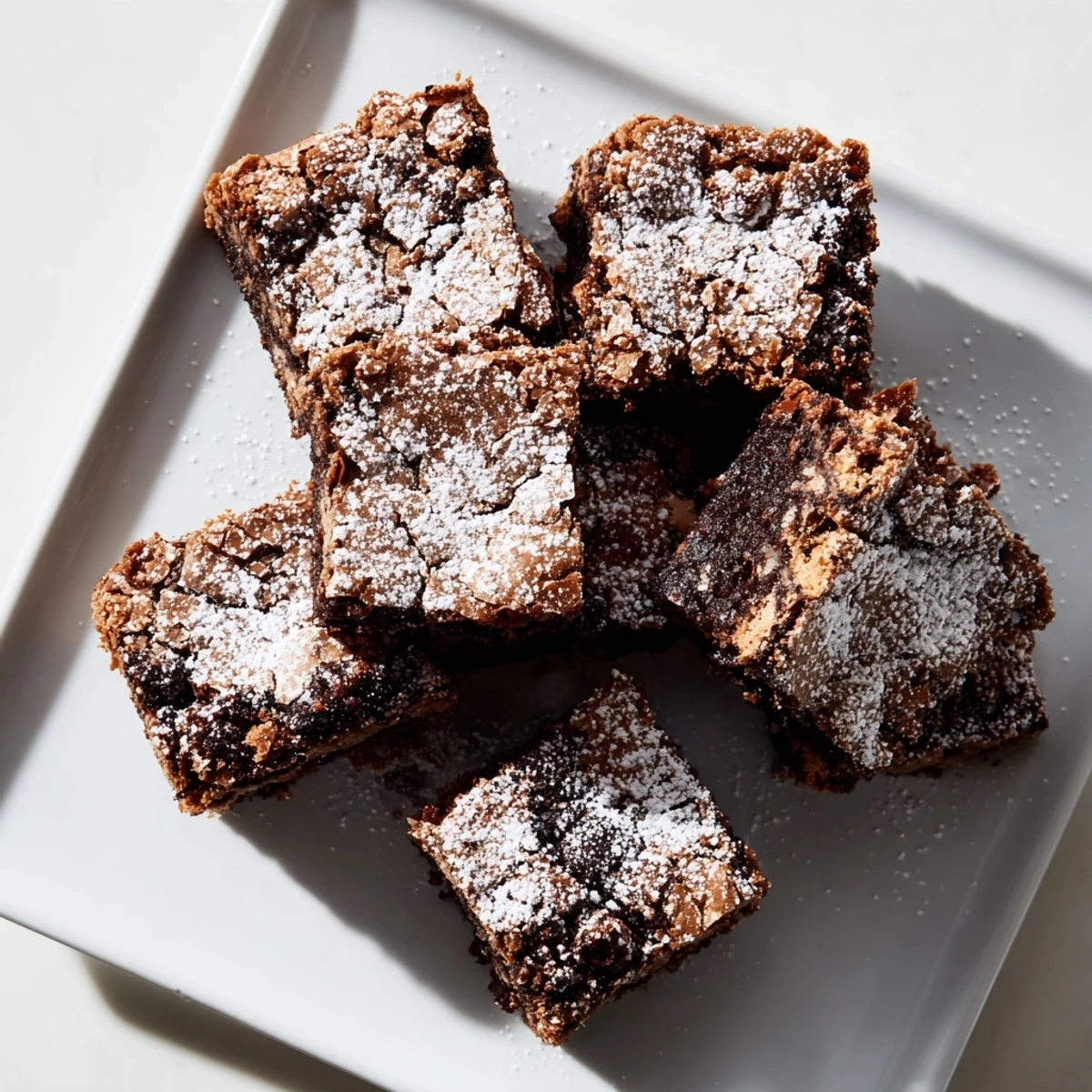 Warm, fudgy brownie squares dusted with sweet powdered sugar, perfect for a treat.