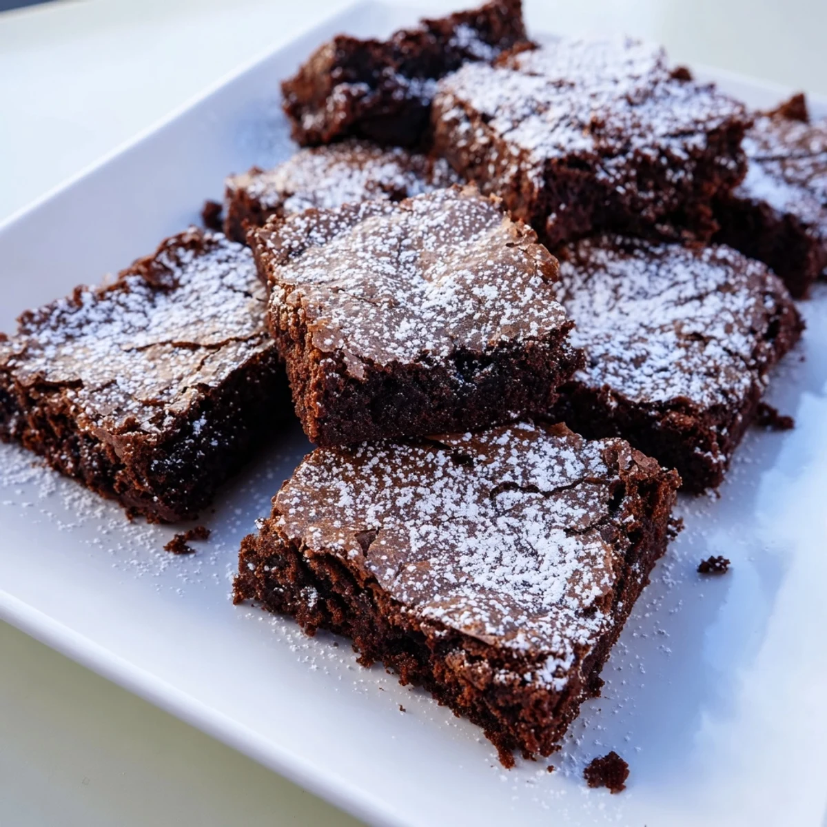 Delicious American brownie squares, fresh from the oven, with a fine dusting of powdered sugar.