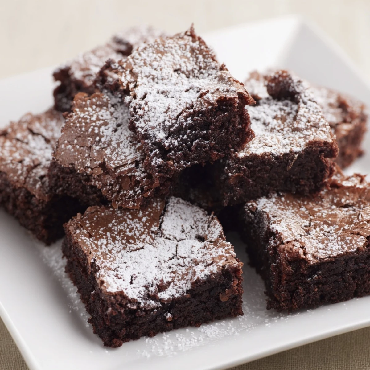 Square brownie close-up: A rich chocolatey treat with delicate powdered sugar, ready for serving.