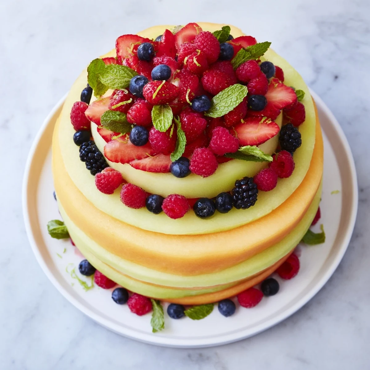 Vibrant layers of cantaloupe, honeydew, and watermelon create a beautiful Fruit Platter with sweet berries.