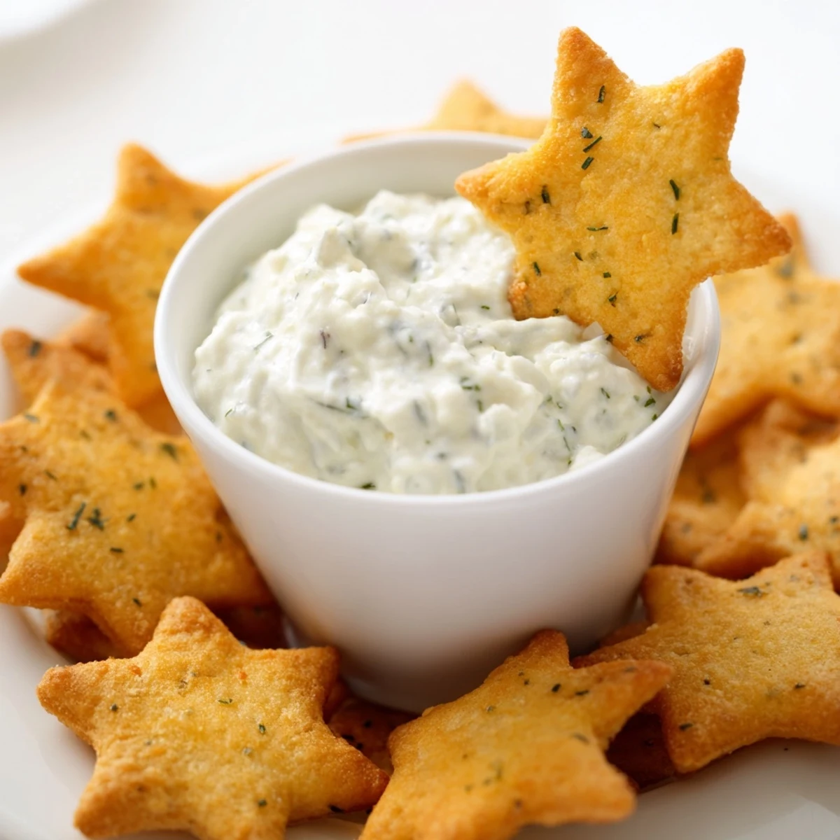Crispy golden Holiday Crackers arranged around a creamy, herb-flecked dip for holiday appetizer enjoyment.