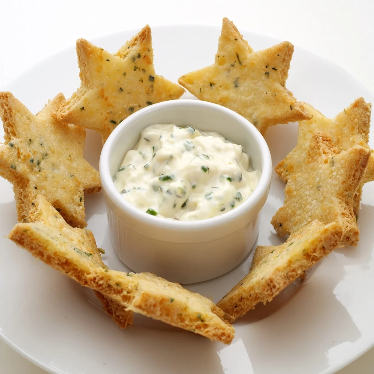 Star-shaped Holiday Crackers are ready to be dipped into the savory dip, a perfect party snack.